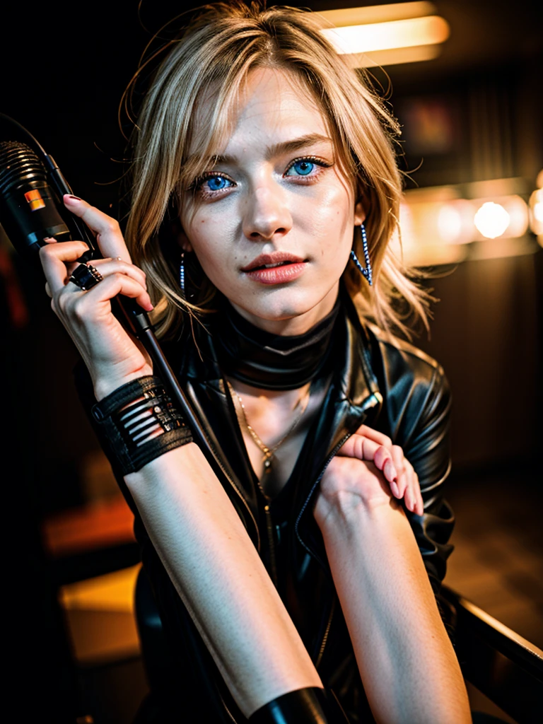 neon light,medium hair,blonde,Neon smoke, daring guy,(8k, RAW photo, best quality, masterpiece:1.2), (realistic, photo-realistic:1.4), ultra-detailed, (high detailed skin:1.2), 8k uhd, dslr, soft lighting, high quality, film grain, Fujifilm XT3, professional lighting, handsome 1man , (thin lips:1.5), masterpiece, best quality, blue eyes, blond, long hair, pale skin, (strong wide jaw:1.3), brutal, medium long blonde hair 1boy, bangs, bishounen, black nails, black pants, black shirt, blonde hair, choker, closed mouth, collar, concert, earrings, electric guitar, feet out of frame, fishnet top, fishnets, glint, guitar, holding, holding instrument, holding microphone, instrument, jewelry, lens flare, looking at viewer, male focus, medium hair, microphone, microphone stand, music, necklace, pants, playing instrument, shirt, smile, solo, stage, stage lights, standing, thigh strap, torn clothes, torn pants, neon light