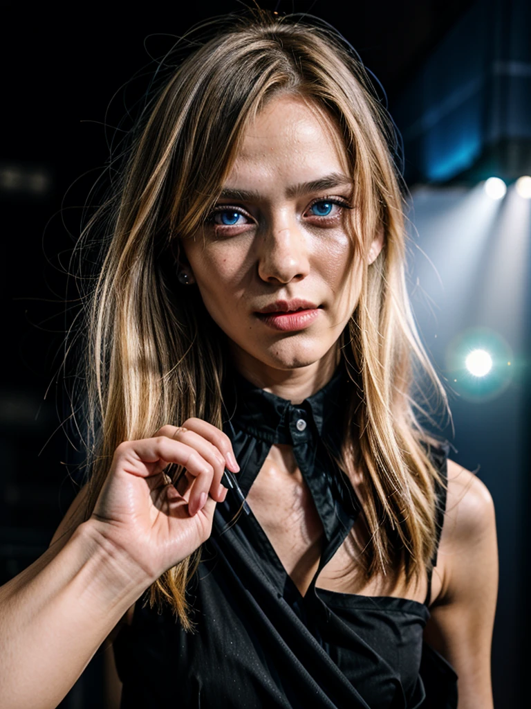 neon light,medium hair,blonde,Neon smoke, daring guy,(8k, RAW photo, best quality, masterpiece:1.2), (realistic, photo-realistic:1.4), ultra-detailed, (high detailed skin:1.2), 8k uhd, dslr, soft lighting, high quality, film grain, Fujifilm XT3, professional lighting, handsome 1man , (thin lips:1.5), masterpiece, best quality, blue eyes, blond, long hair, pale skin, (strong wide jaw:1.3), brutal,  medium long blonde hair 1boy, bangs, bishounen, black nails, black pants, black shirt, blonde hair, choker, closed mouth, collar, concert, earrings, electric guitar, feet out of frame, fishnet top, fishnets, glint, guitar, holding, holding instrument, holding microphone, instrument, jewelry, lens flare, looking at viewer, male focus, medium hair, microphone, microphone stand, music, necklace, pants, playing instrument, shirt, smile, solo, stage, stage lights, standing, thigh strap, torn clothes, torn pants, neon light