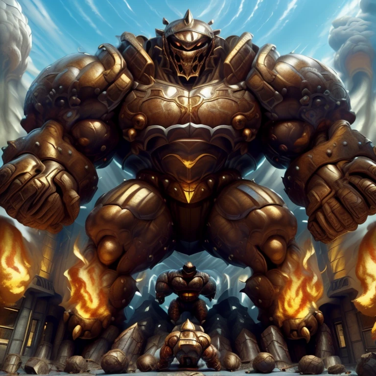 SOLO (masterpiece. official art. 8k. best quality. detailed full body. full body.)

(situation 1 : dominating Armored Flazzard. Armored Flazzard is over 1000 meters long. focus GIANT mechanical Muscular Armored Flazzard is trampling the city. Looking down. macro. stomp. Low-angle perspective. emphasizing the immense size.)

(situation 2 :smoke and flames rising from the destruction in the city)

(Additional details 1: real texture material. whole body shines like metal. emphasizes the muscles. suit fully made of metal.).

(Additional details 2: Detailed head. Detailed Body. Detailed abs. gigantic muscles. HYPER MUSCLES. Gigachad Muscular. big muscle. pecs. triceps. traps. unusually developed muscular body. body full of huge muscles. showing off muscles. pectorales enormes. Exaggeratedly huge muscles. huge muscles. long legs.).
his back he wears a golden cloak.