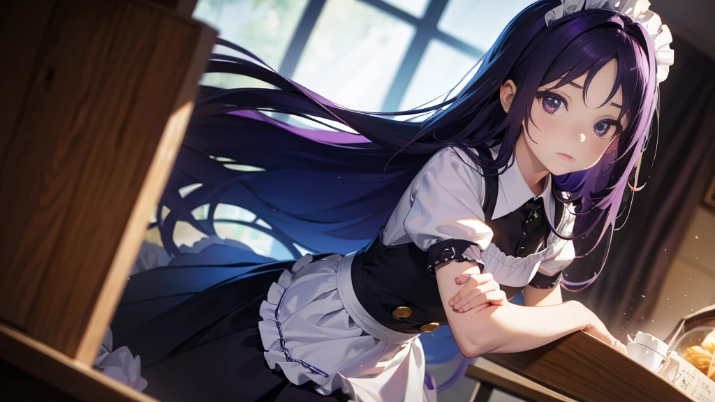 Best picture quality, 8K, high quality, masterpiece:1.2), ((masterpiece)), (great detail, high quality, best picture quality), bokeh, DOF, Portrait, open stance, purple hair long hair, in a black, round face, in a maid uniform, standing in the cafe shop