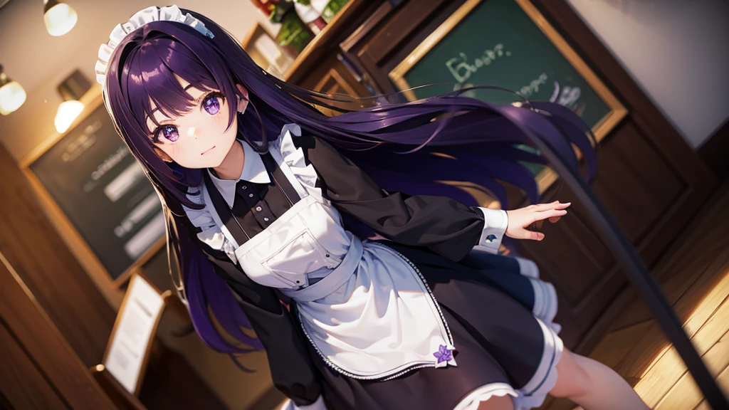 Best picture quality, 8K, high quality, masterpiece:1.2), ((masterpiece)), (great detail, high quality, best picture quality), bokeh, DOF, Portrait, open stance, purple hair long hair, in a black, round face, in a maid uniform, standing in the cafe shop