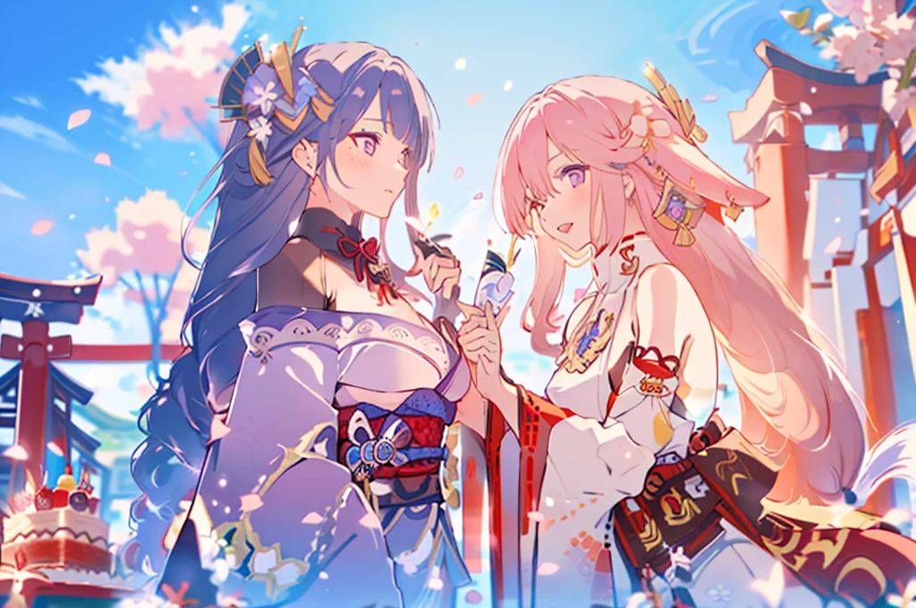 masterpiece, best quality,raiden shogun, multiple girls, 2girls, yae miko, pink hair, urple hair, japanese clothes, long hair,  animal ears,  hair ornament, fox ears, detached sleeves, kimono, ((birthday cake)), japanese temple, japan, sakura petals