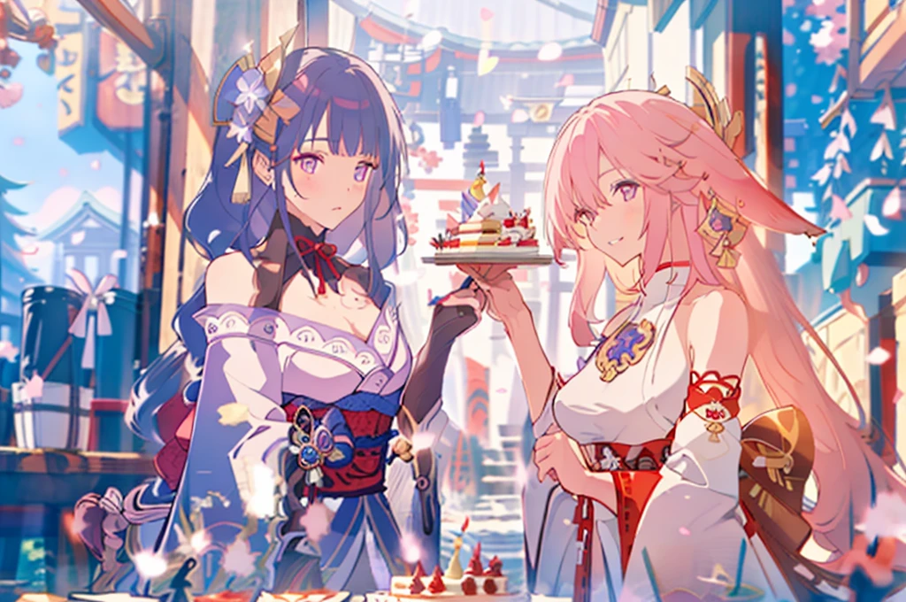masterpiece, best quality,raiden shogun, multiple girls, 2girls, yae miko, pink hair, urple hair, japanese clothes, long hair,  animal ears,  hair ornament, fox ears, detached sleeves, kimono, ((birthday cake)), japanese temple, japan, sakura petals