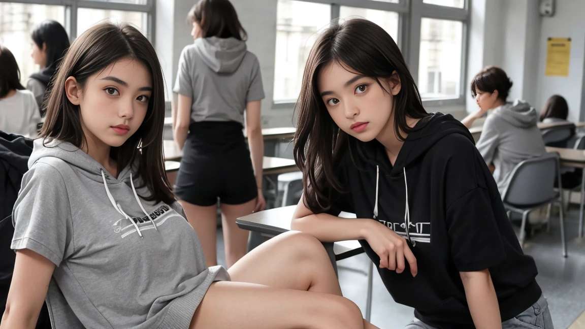 deux femmes ensemble de 18 ans sexy et mince , gray short sleeve hoodie , salle de classe, se touche,position sey,sensuel