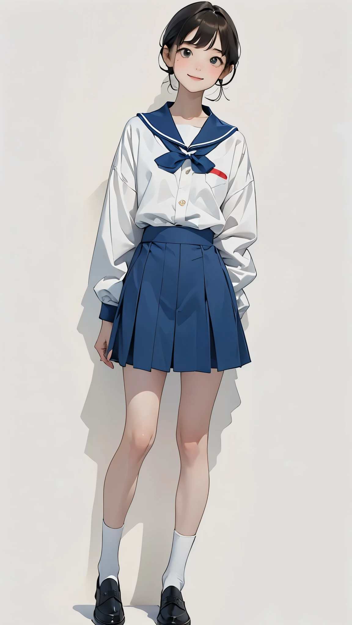 (1 Girl、alone、whole body、************、natural standing posture)、(Standing casually)、(whole body:1.4)、(whole bodyショーケース)、(whole bodyを見せる)、((Character Concept Art))、(Portraiture:1.2)、(Detailed facial depiction、Carefully drawn face、A kind smile)、Short dark brown hair、Sailor suit、Navy blue sailor collar、uniform、Short skirt:1.37、超Short skirt、shoes、loafers、(Vintage、Classic)、((No background))、((White Background))、Blur the background、(No logo)、((watercolor))、Impressionist style painting、(Highest quality、masterpiece)、