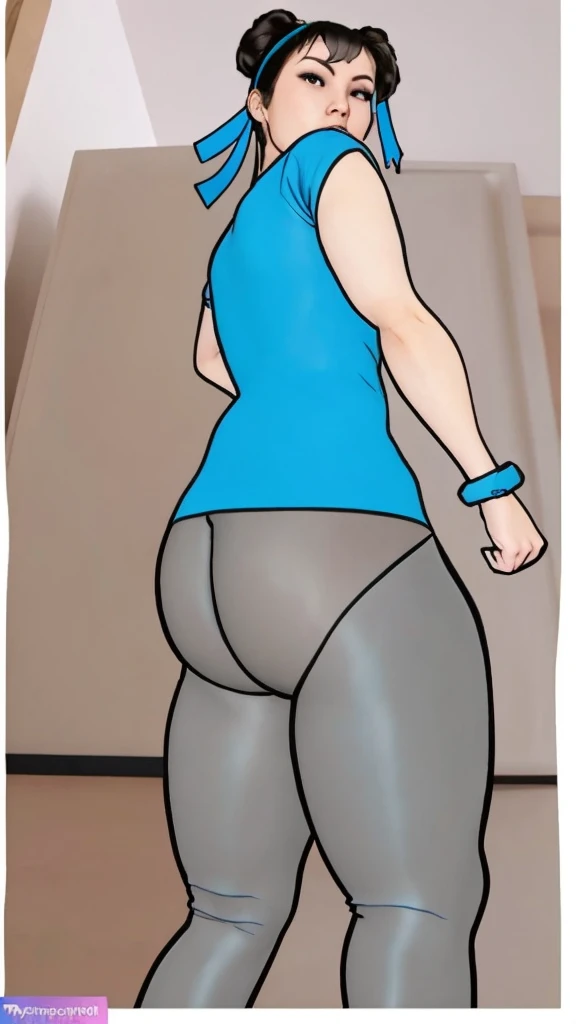 SF6 Chun-Li Nitrile Butadiene Royal Blue shirt thin grey Leggings Thighs Buttocks Streetfighter Buruma Gravure shirt Japanese gym shoes naked pantyline drawl
