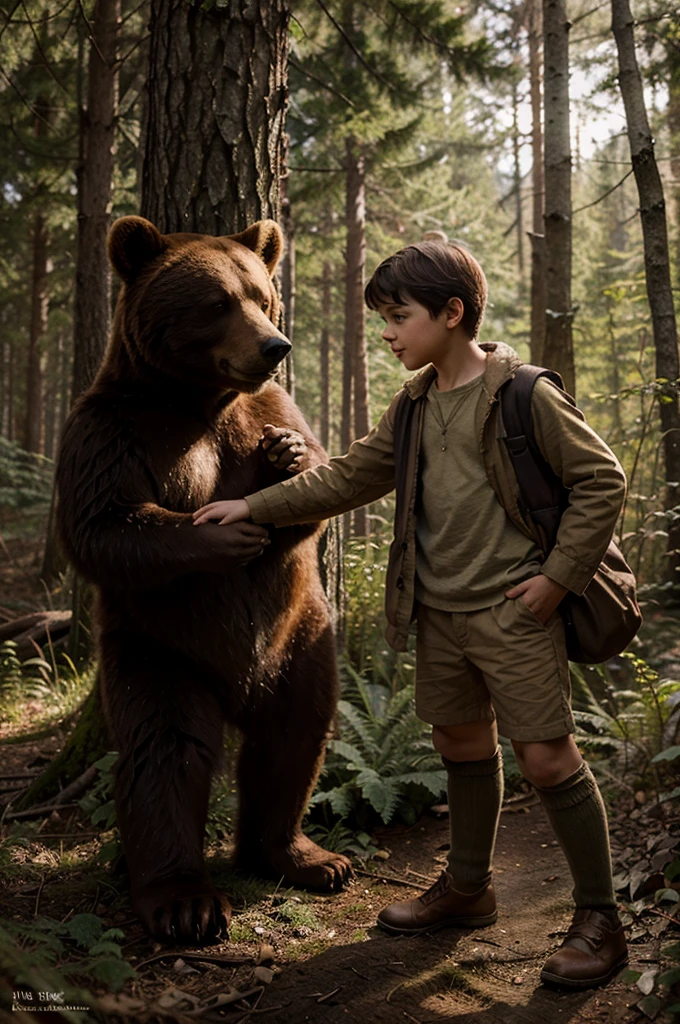 Illustration for a fairy tale about a boy, In the woods, who can talk to a bear cub.
