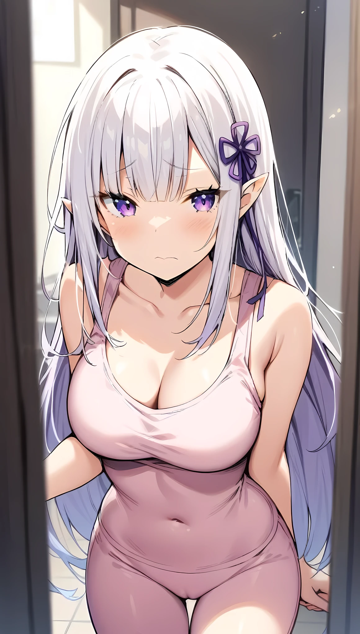 masterpiece, best quality, very aesthetic, absurdres,1girl,covered_pussy, ,emilia_(re:zero), re:zero_kara_hajimeru_isekai_seikatsu, 1girl, elf, pointy_ears, white_hair, long_hair, purple_eyes, hair_flower, hair_ornament, hair_ribbon, purple_ribbon,,pink sleeveless tank top,pink trousers,frown, furrowed brow, wince,in bathroom,front view,blur background,background defocus