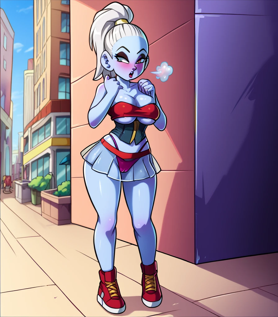 Facing away from camera, looking over shoulder, full body visible, Blue skin, vados, white hair, 1girl, background, blush, red hair, big breasts, tomboy, one short pigtail, nighttime, hot breath, open mouth, dimmed lighting, standing, city, big ass, wide hips, toned body, tube top, underboob, cleavage, transparent micro skirt, ass cleavage, butt cleavage, midriff, prostitute, black eyeshadow, (detailed fingers), thong peek, corset, cleavage, ass, no bra, 5 fingers, pussy, cameltoe, pussy showing 