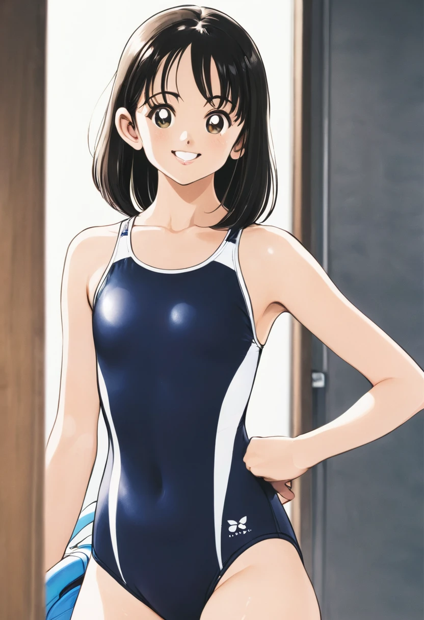 School Swimsuit、Looking into the camera, smile、upright