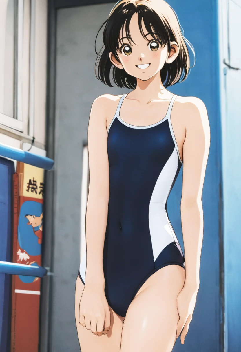 School Swimsuit、Looking into the camera, smile、upright