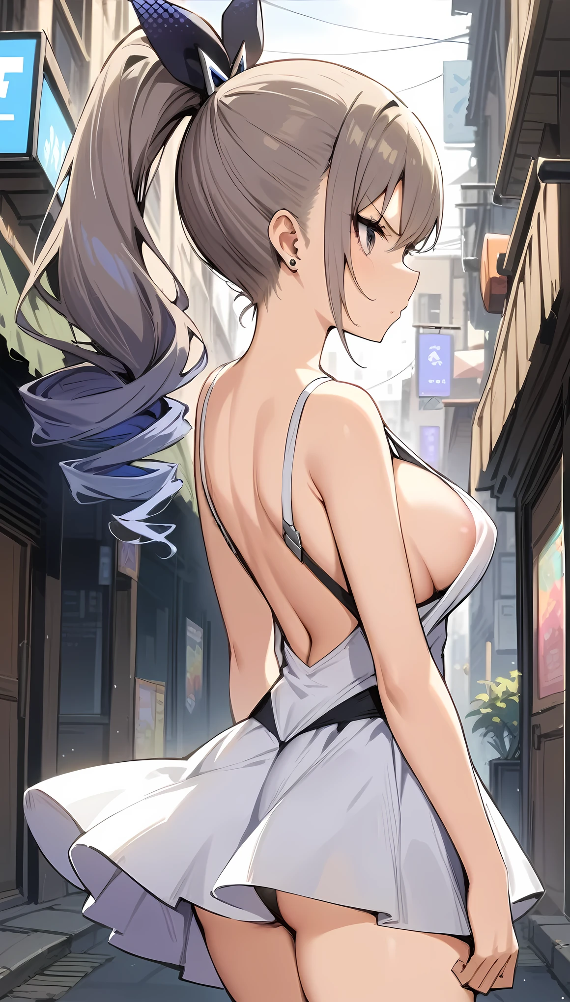 masterpiece, best quality, very aesthetic, absurdres,1girl,areola_slip, ,silver_wolf, gray eyes, high ponytail,,white ballet dress,serious,in street,from behind,floating_clothes