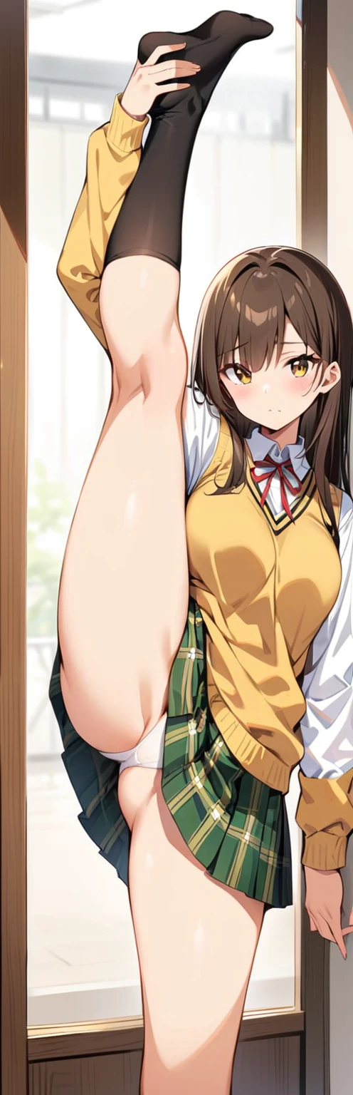 (masterpiece, best quality:1.2), 1girl, solo,standing_split,
Mikan Yuuki, brown eyes, brown hair, hair ornament,long hair,green plaid skirt, sainan high , , white shirt, yellow sweater vest,no