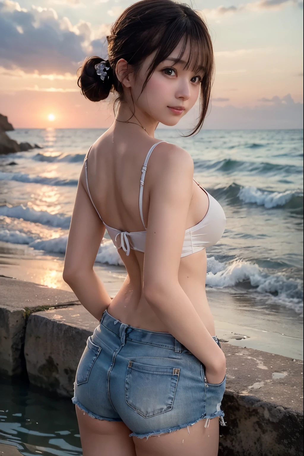 SFW,
Early Evening, Serene Seascape, Background Rock Formation on the Horizon:1.6, Ocean's Waves, Many Surfers, Summer,
Perfectly Anatomically Correct,
1 Japanese Girl, Very Short Hair Bun, Wide-Set Eyes, Very White Skinned, Blush, Bashfully, 19-Year-Old, Open Mouse Slightly,
(Showing off Slightly Swelled Lower Buttocks from Shorts),
Medium ASS, Shorts, (Camisole blouse), (Non-Nipple:1.2),
Brown Hair, Wet Hair,
Cheerful, Light Smiling,
(Looking Back Viewer),
Dynamic Angle,
8K, RAW Photo, Best Quality, Masterpiece, Realistic, PhotoRealistic, Extremely Detailed 8K Wallpaper, Beautifully Detailed Eyes, Finely Detailed Face,
Professional Lighting, Cinematic Lighting, ((Bokeh:1.0))