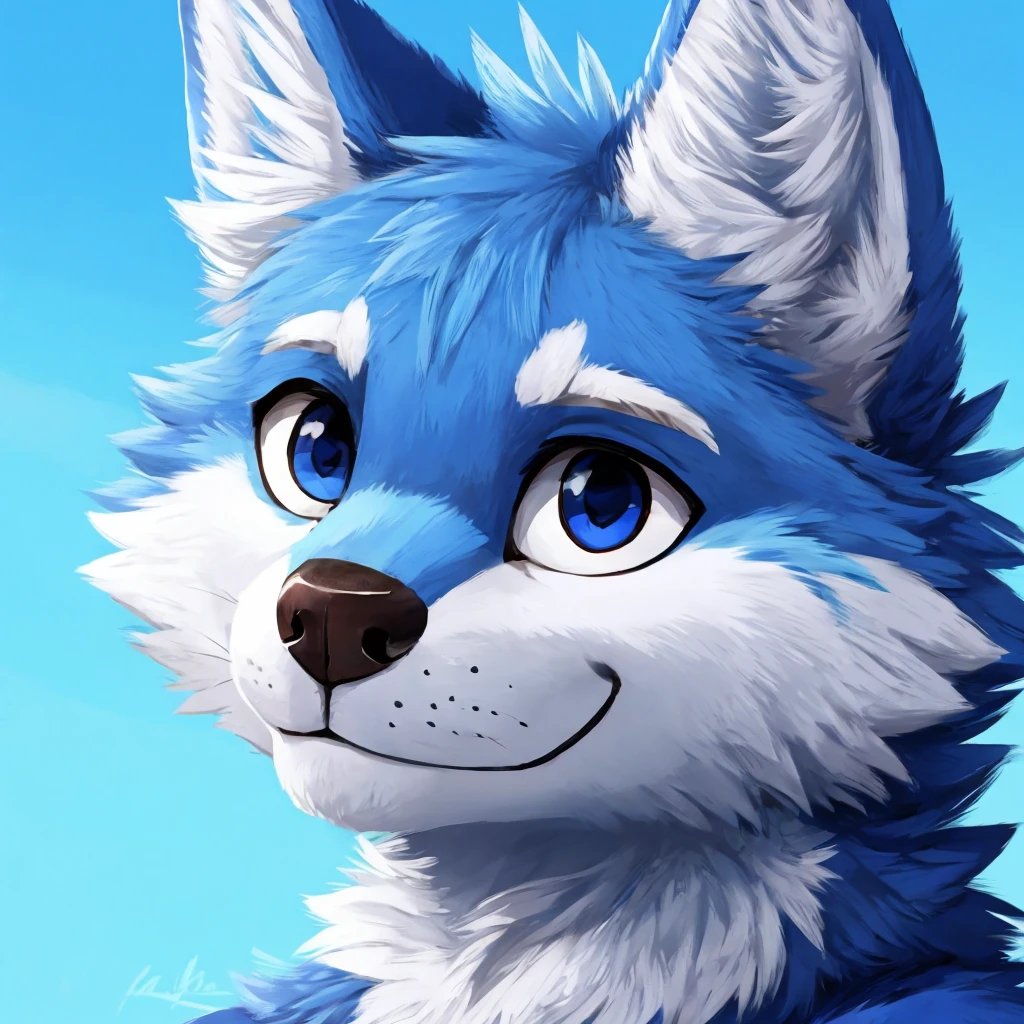 headshot of a blue colored fur wolf, closed smile, high quality furry art, high quality furry ref, cute.