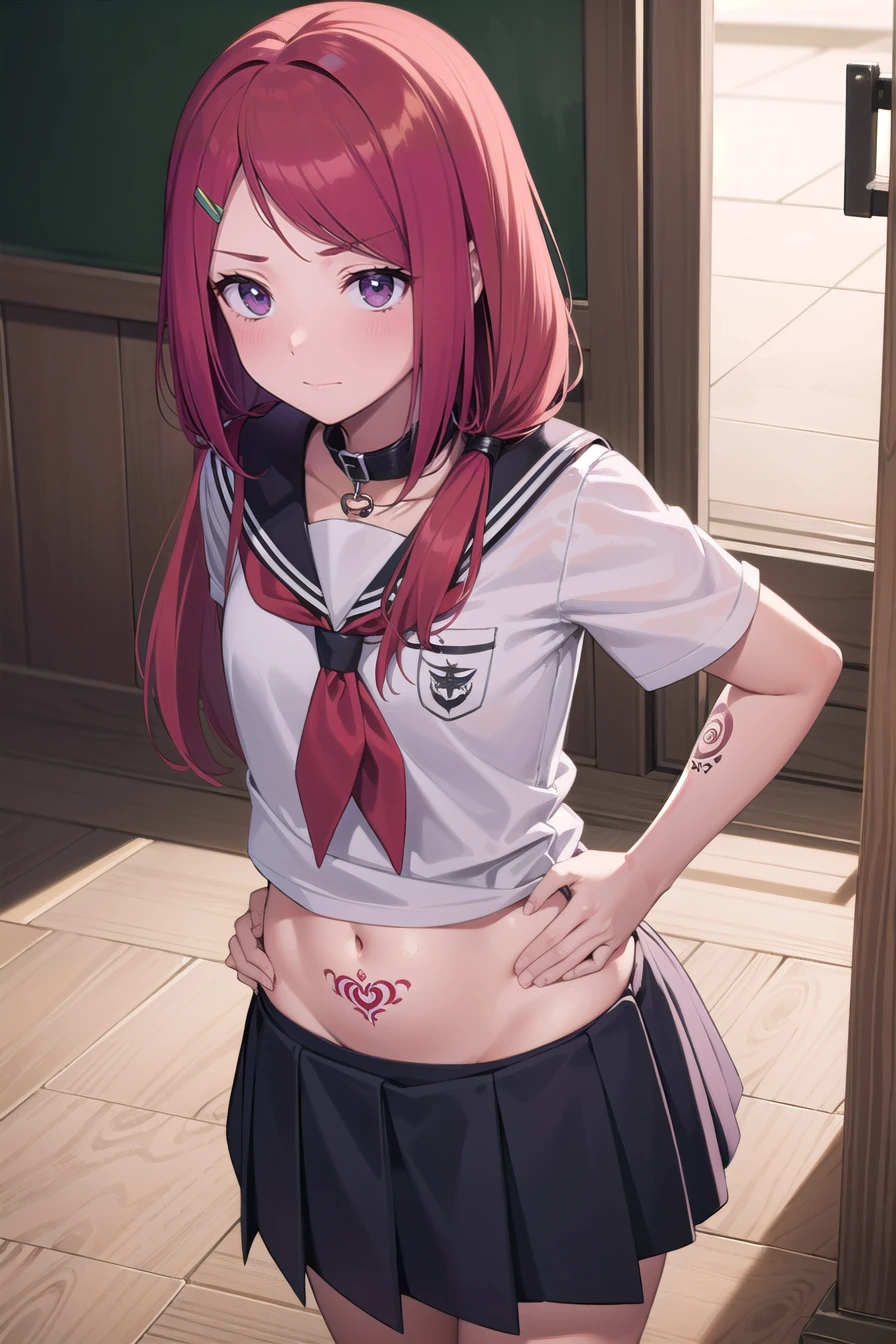 Uzumaki kushina, kushina, twintail, hair ornament, red hair, (swept bangs:1.5), shy, shily face
School uniforms, Wearing a dog collar, Naughty tattoo on the belly, makima, girl, childhood,hypnosis