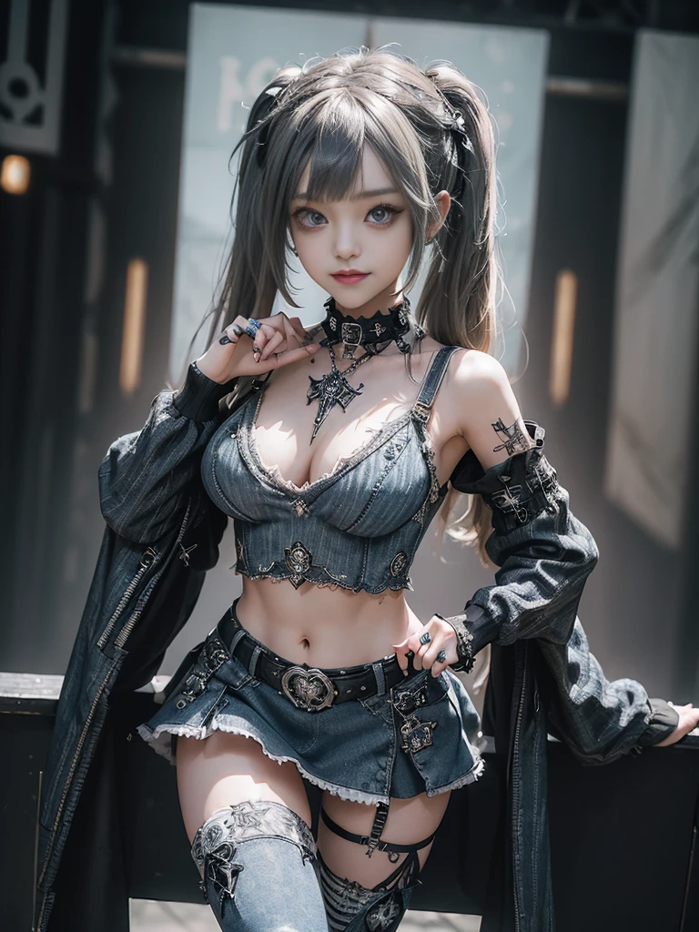 (Smiling with teeth showing:1.3),(Hollywood actress:1.5)、(Gothic Lolita style fashion:1.5)、(Punk RockVisual Kei:1.5)、(Wearing a sweater with intricate decoration:1.4)、(A mini skirt with delicate white, denim and charcoal embellishments.:1.5)、(Denim and light blue and white boots:1.3)、((belt))、(Numerous intricate patterns all over the costume:1.4)、(collar:1.3)、(Striped underwear:1.5)、20-year-old、NSFW、((Highest quality、In 8K、masterpiece:1.3))、Sharp focus:1.2、(Layered Cut、Huge boobs:1.1),Beautiful woman with perfect figure:1.4、(Dancing vigorously:1.3)、Slender Abs:1.2、Highly detailed face and skin texture、Detailed eyes、double eyelid,(Twin tails:1.3)、(Brown-golden hair:1.3)、Gravure idol、(The background is the stage of the fashion show:1.3)、(Slim body:1.3),(Make your legs thinner:1.4),（clavicle:1.1）