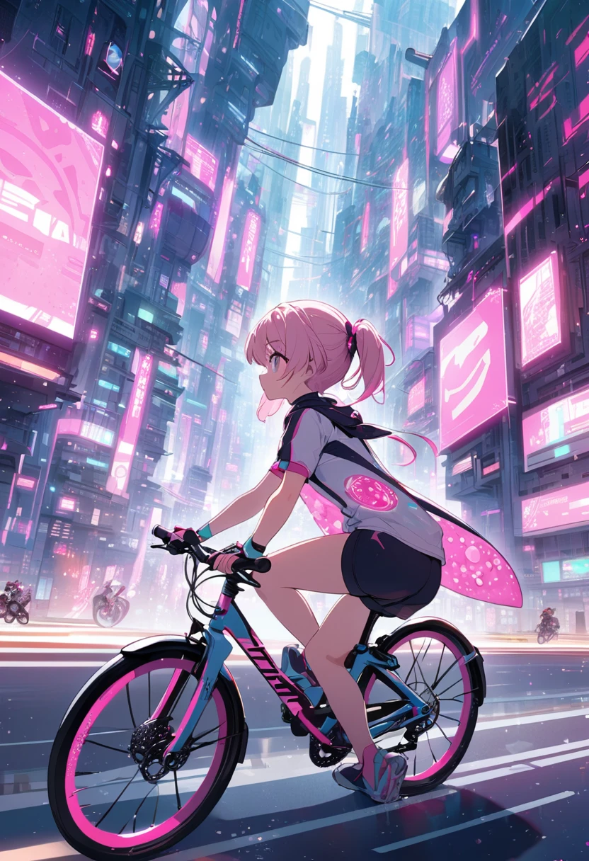 cute anime girl rides a bicycle, in running shorts, short shorts, futuristic city, covered with pink biological cells
