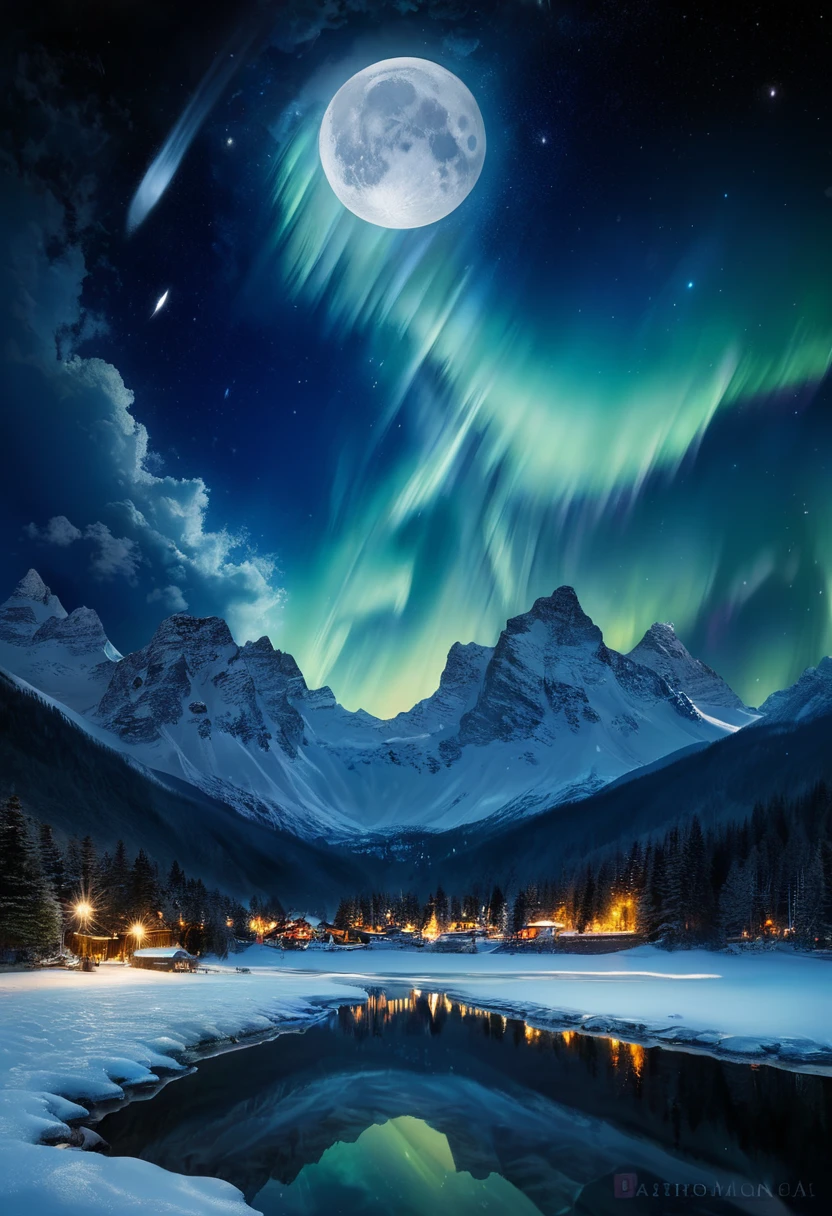 Ultra-high quality,Sea,Reflection,City lights are bright,moon,Snow-capped mountains in the distance,galaxy, Star,aurora,Sea of Clouds, Beautiful scenery, Night view,masterpiece
