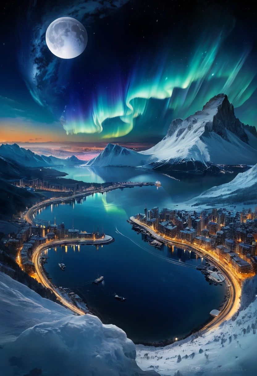 Ultra-high quality,Sea,Reflection,City lights are bright,moon,Snow-capped mountains in the distance,galaxy, Star,aurora,Sea of Clouds, Beautiful scenery, Night view,masterpiece