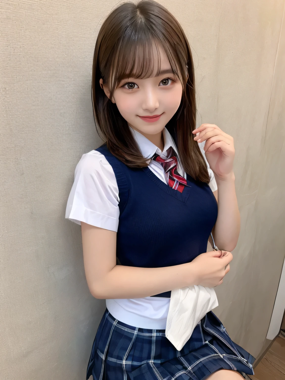Tabletop、Highest quality、figure、 Super detailedな、High resolution、8k wallpaper、Perfect dynamic composition,、Beautiful attention to detail、Natural color lip、Bold sexy pose、smile、15-year-old girl、cute、sexy shot looking at camera、(Highest quality: 1.3), (masterpiece: 1.3), (Super detailed: 1.3), (wallpaper, One Girl: 1.1), (Detailed hands and fingers:1.2)、(Ultra-oily, lustrous skin with attention to detail:1.1)、Oily shiny knee socks、(The perfect school girl uniform:1.3)、Short sleeve dress shirt、(Navy Blue Sleeveless Sweater Vest:1.2)、(Beautiful small breasts:1.3)、(Red checkered mini skirt:1.2)、Sit with your legs apart、Brown Hair、short hair、ponytail、Beautiful sister、Pink wall