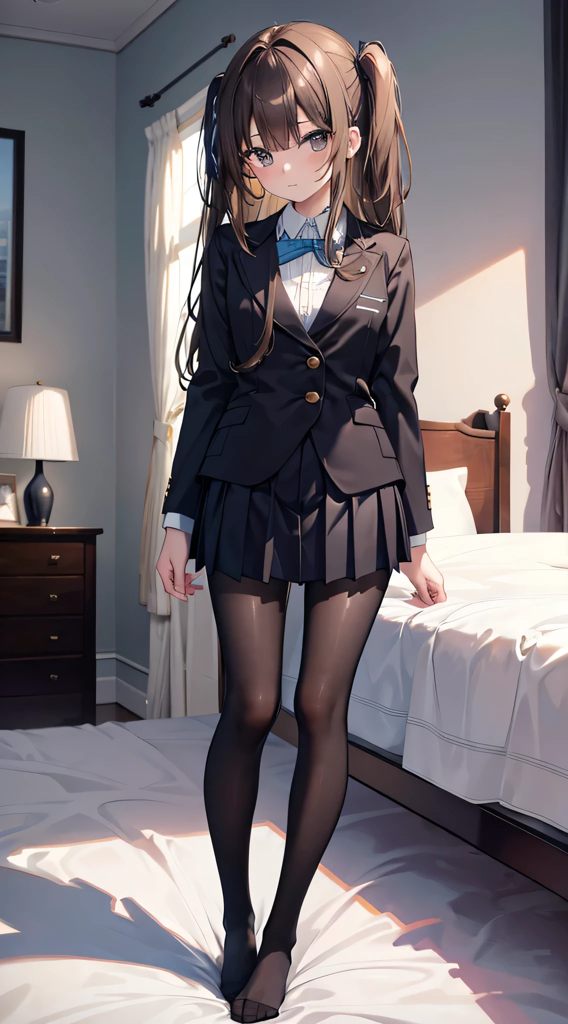 Top quality, masterpiece, High resolution, (Head to toe full body), Blazer uniform, Checkered pleated skirt. Composition from slightly below the front, Symmetric, 18-year-old, Slim and beautiful girl, alone, (Small breasts), (No shoes),Unkempt brown hair, bangs, (black tights), (Black Pantyhose), (Spread-legged pose on bed), Both arms are tied behind one's back, (Composition showing white panties), (Her legs were spread、I see your white pants.), blush, Shy big eyes, looking at the camera, Blazer uniform, Checkered pleated skirt