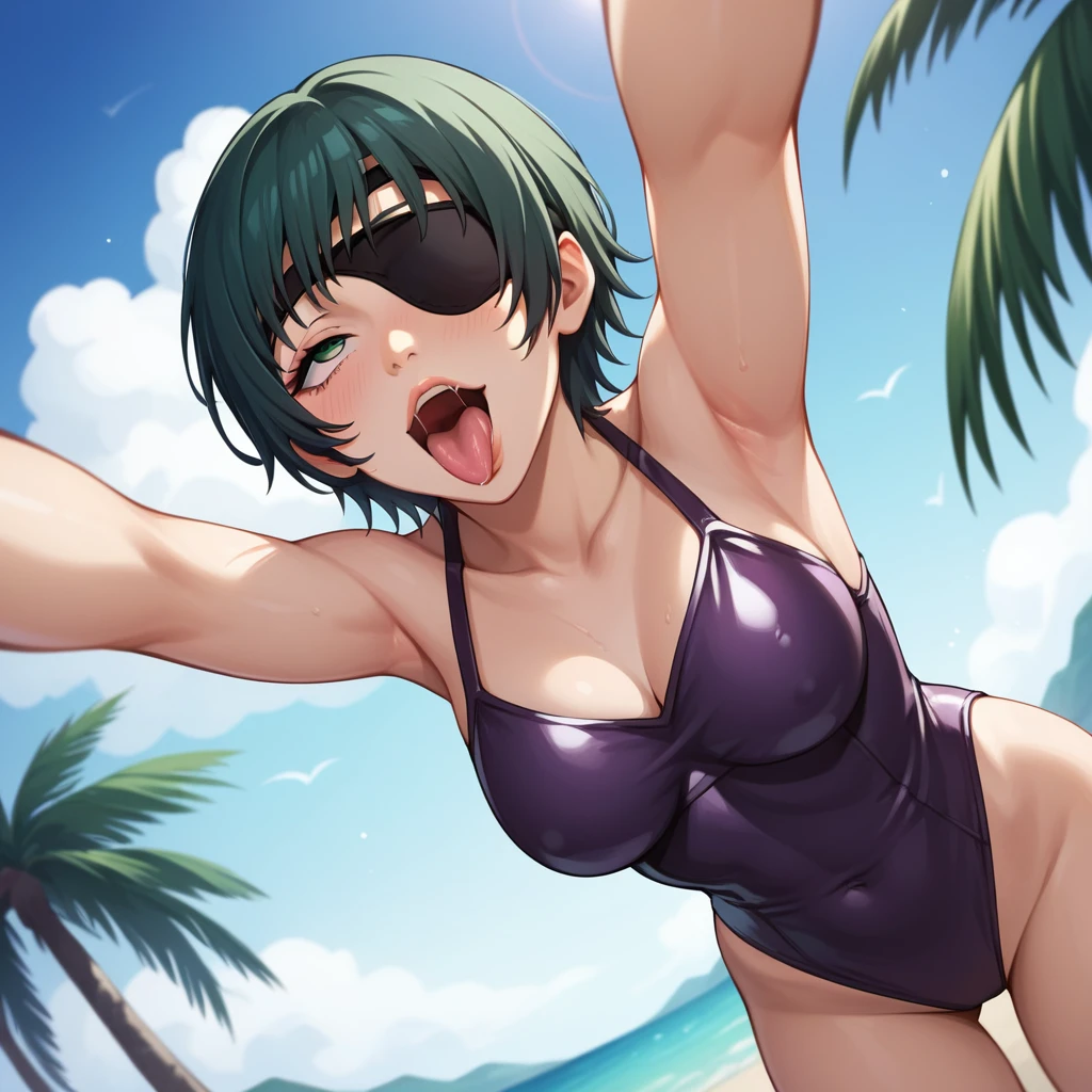 mature female, mature, Adult, himeno, himeno(Chainsaw Man), 1girl, black hair, short hair, eyepatch, Himeno(Chainsaw Man), solo, naughty face, rolling_eyes, cross-eyes, ahegao, open mouth tongue out, nsfw, Villains, Bending forward, Spread arms, Raise arms, A small pink smooth octopus sticks to the top of himeno's head, chest, View your audience, Beach, At night, Dark, latex purple leotard, dramatic angle, unique perspective, unique angle, masterpiece, Top animation quality,Top image quality,