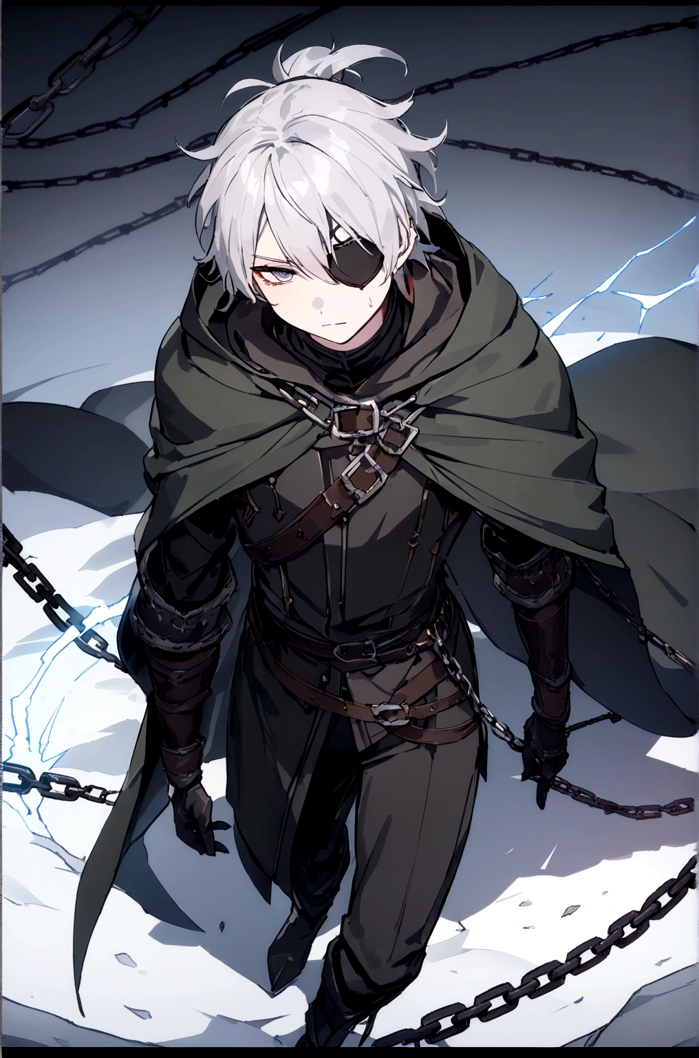 Anime character, a man, medieval era. Young man, 20 years old, large body, cold gaze, cold expression, white skin, short messy gray hair, ponytail, left eye patch, black clothes, black shirt, dark cape with hood, chains. front camera, advancing in a sea of blood. white electricity emanating from his body, black electricity emanating from his left hand. Right eye shining in a white ray. Thunderous white lightning. (best quality, 4k, 8k, high resolution, masterpiece: 1.2), vibrant and ultra-detailed colors, chiaroscuro lighting, dramatic pose, intricate details, fantasy, mystical, powerful