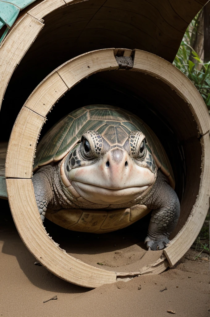 /prompts/image/Timmy the Turtle peeking out from his shell, looking excited for an adventure."
