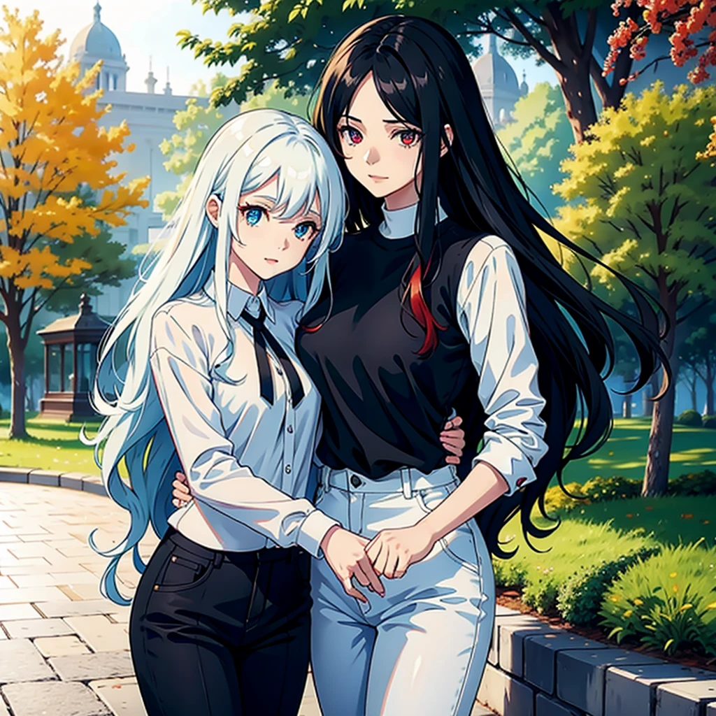 woman with long wavy white hair bright blue eyes wearing a white blouse and black pants next to her a black haired woman with red locks with bright red eyes wearing a black sweater and white pants taking her phone for a photo they are in a park