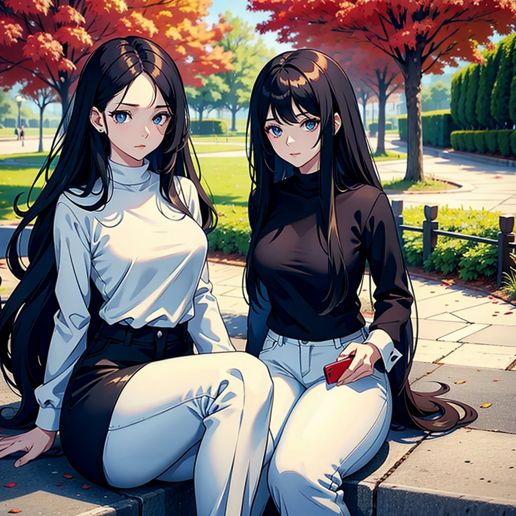 woman with long wavy white hair bright blue eyes wearing a white blouse and black pants next to her a black haired woman with red locks with bright red eyes wearing a black sweater and white pants taking her phone for a photo they are in a park