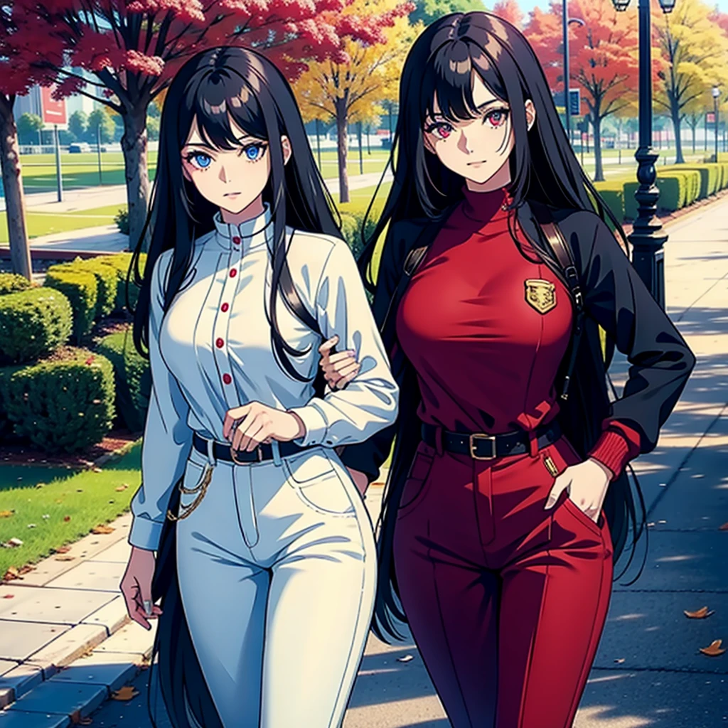 woman with long wavy white hair bright blue eyes wearing a white blouse and black pants next to her a black haired woman with red locks with bright red eyes wearing a black sweater and white pants taking her phone for a photo they are in a park