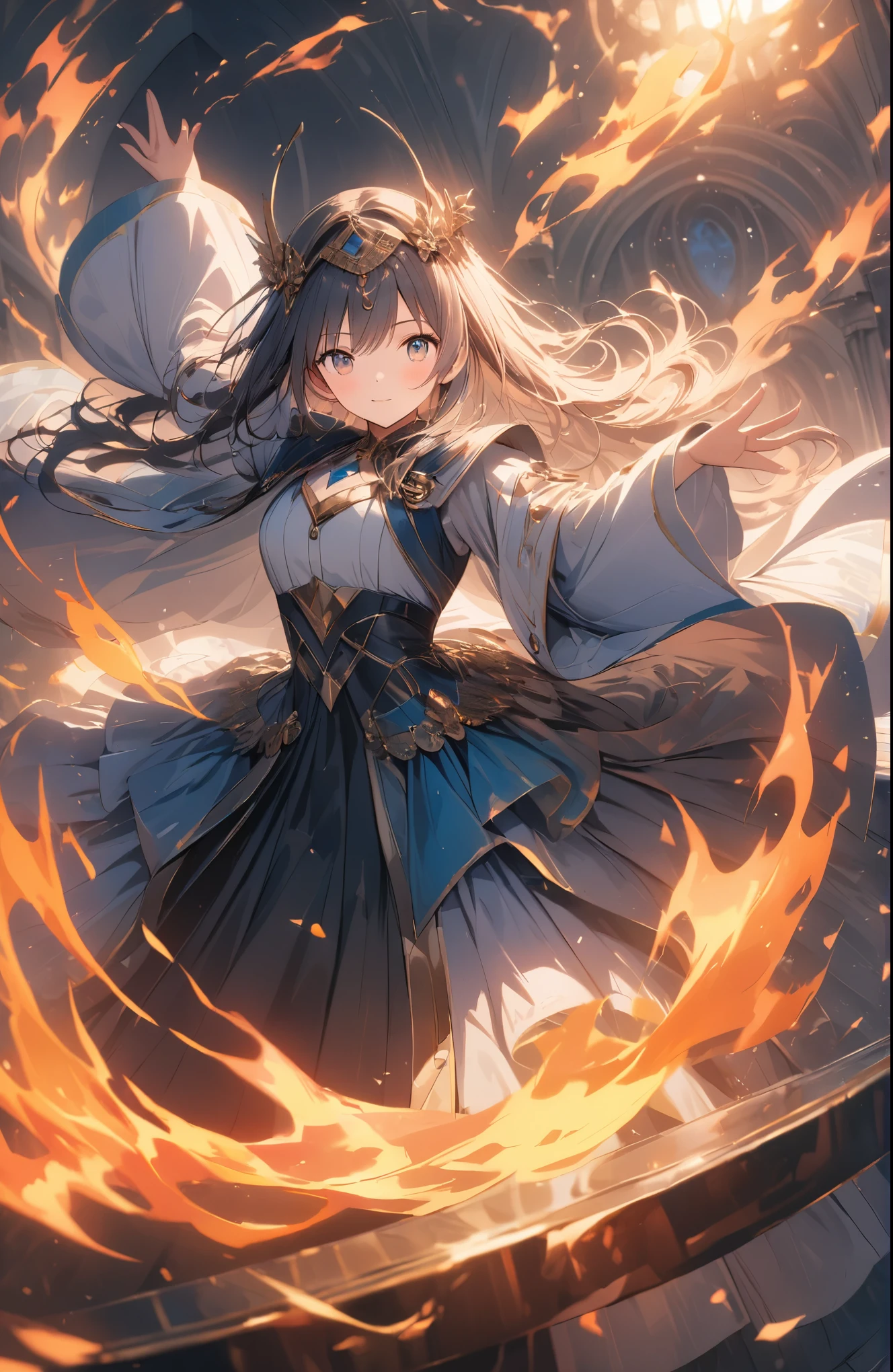 Anime,a beautiful fire priestess dancing amidst spectacular swirling flames, dramatic lighting, extreme detail, 8k, intricate ornate costume, elegant pose, intense fiery colors, volumetric lighting, photorealistic, cinematic composition, masterpiece, hyper detailed, ultra realistic,cute,effect