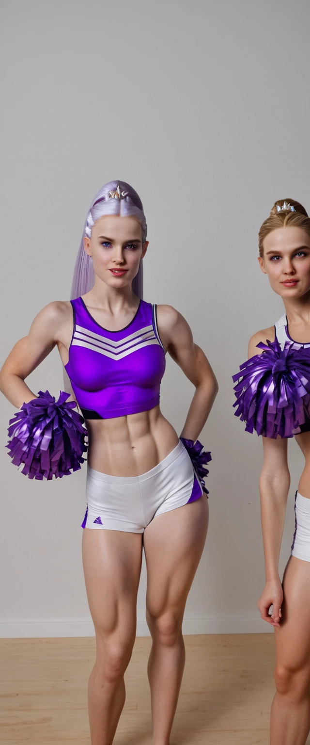 arafed woman in a purple cheerleader outfit posing for a picture, , violet myers, jaw dropping beauty, jaw-dropping beauty, sport bra and shorts, tight outfit, purple outfit, tight attire, purple, photography, purple body, two piece workout clothes, purple top, sporty, official, toned, ariana grande as a mermaid, fitness model