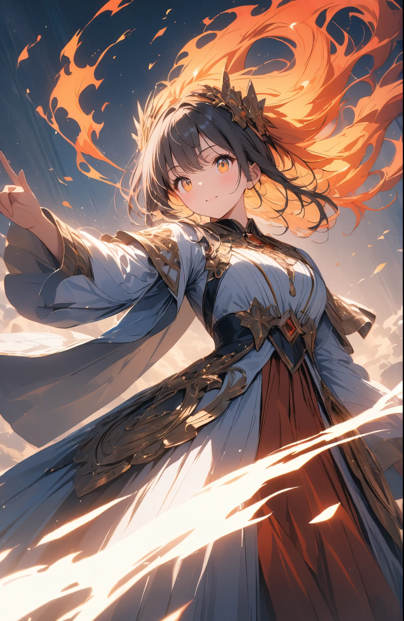 Anime,a beautiful fire priestess dancing amidst spectacular swirling flames, dramatic lighting, extreme detail, 8k, intricate ornate costume, elegant pose, intense fiery colors, volumetric lighting, photorealistic, cinematic composition, masterpiece, hyper detailed, ultra realistic,cute,effect