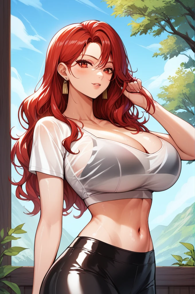 Red hair,red eyes,(high quality eyes),masterpiece, best quality, high quality, highres, outdoors, looking at viewer, white shirt,see through crop top, midriff, navel, black latex pants, Jenny, tall female,big breasts, tassel earrings,wavy hair,
