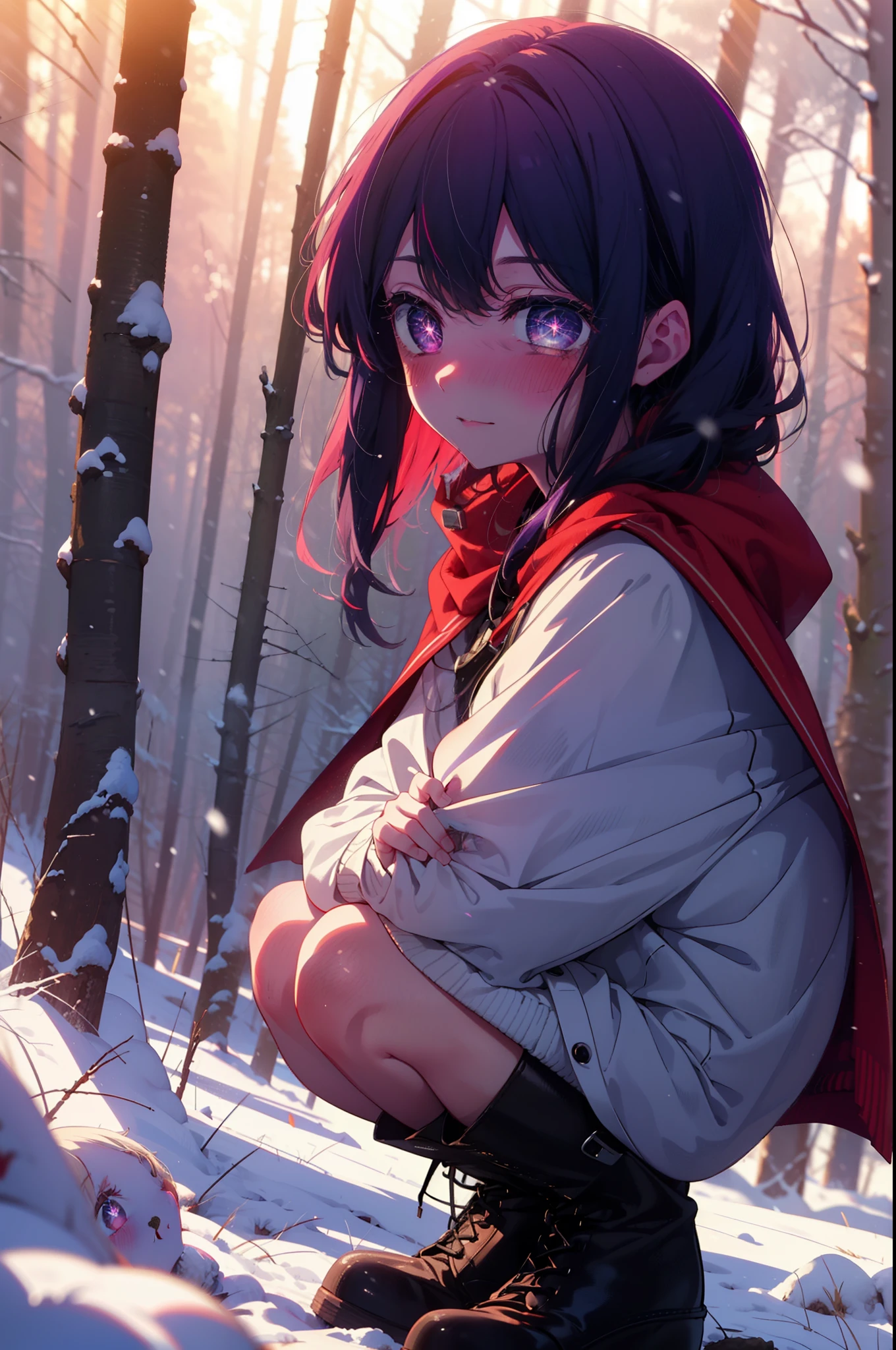 aihoshino, Ai Hoshino, Long Hair, bangs, (Purple eyes:1.1), Purple Hair, (Symbol-shaped pupil:1.5), smile,,smile,blush,White Breath,
Open your mouth,snow,Ground bonfire, Outdoor, boots, snowing, From the side, wood, suitcase, Cape, Blurred, , forest, White handbag, nature, Squat, Mouth closed, Cape, winter, Written boundary depth, Black shoes, red Cape break looking at viewer, Upper Body, whole body, break Outdoor, forest, nature, break (masterpiece:1.2), Highest quality, High resolution, unity 8k wallpaper, (shape:0.8), (Beautiful and beautiful eyes:1.6), Highly detailed face, Perfect lighting, Highly detailed CG, (Perfect hands, Perfect Anatomy),