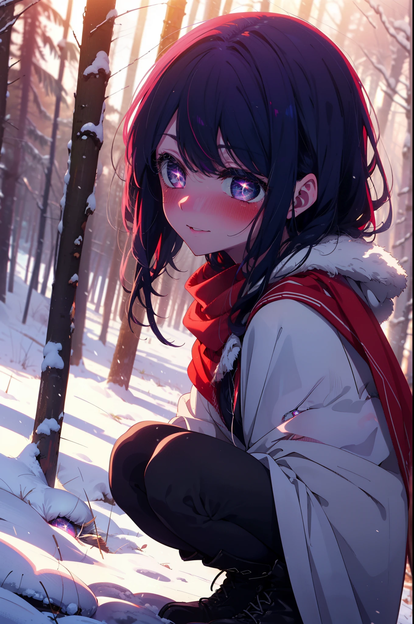aihoshino, Ai Hoshino, Long Hair, bangs, (Purple eyes:1.1), Purple Hair, (Symbol-shaped pupil:1.5), smile,,smile,blush,White Breath,
Open your mouth,snow,Ground bonfire, Outdoor, boots, snowing, From the side, wood, suitcase, Cape, Blurred, , forest, White handbag, nature, Squat, Mouth closed, Cape, winter, Written boundary depth, Black shoes, red Cape break looking at viewer, Upper Body, whole body, break Outdoor, forest, nature, break (masterpiece:1.2), Highest quality, High resolution, unity 8k wallpaper, (shape:0.8), (Beautiful and beautiful eyes:1.6), Highly detailed face, Perfect lighting, Highly detailed CG, (Perfect hands, Perfect Anatomy),
