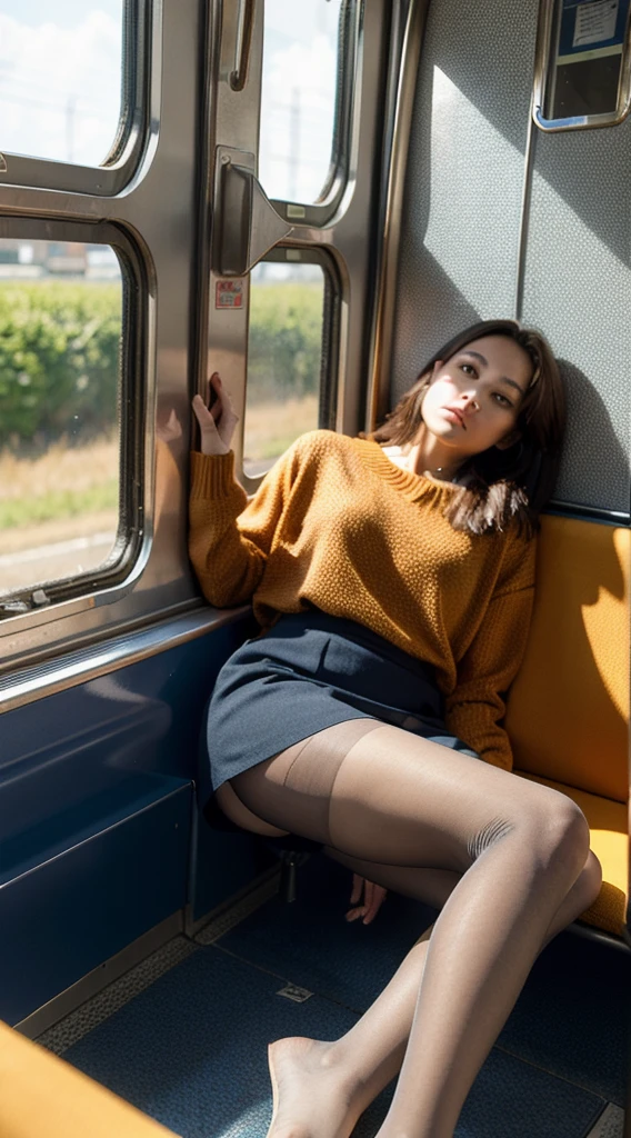 "(masterpiece, High resolution, Ultra High resolution, 4K) Black Hair, 14 year old Japanese girl, Uniform skirt, Accentuate your thighs, White thighs, Soft thighs, Glossy thighs, (Ultra-realistic pantyhose), Sitting on a train, Facing angle, (Angle from below),sitting in a train seat,Sit in front,Zoom camera on crotch,Put your feet on the train floor,whole body,Looking down and sleepy,Watch only viewers", Highest quality, 超High resolution, (Realistic:1.4),, High resolution, detailed, RAW Photos, sharp, Nikon D850 film stock photo by Lee Jefferies 4 Kodak Portra 400 camera F1.6 Lenses、Rich colors、Ultra-realistic and lifelike textures、Dramatic lighting、Unreal Engine、Art Station Trends、Cinestar 800,