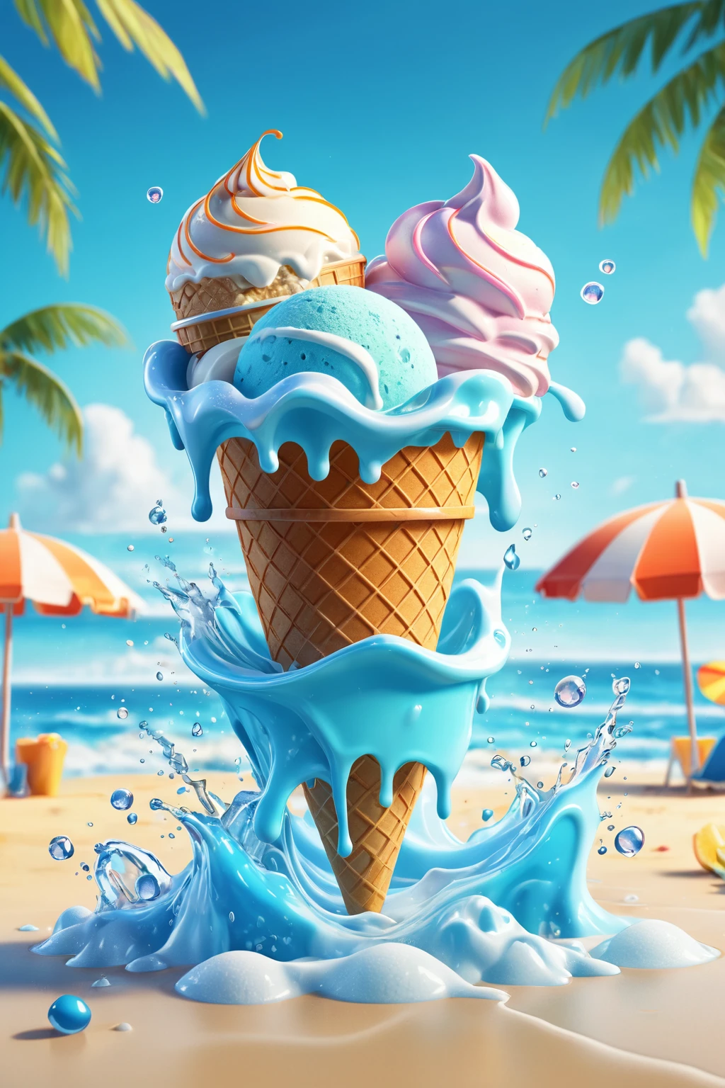 ice cream, cartoony, summer beach background, ice cube, Special features, Octane rendering and blender, hyper quality, clear features, Ultra HD and 8K resolution, Fresh hand drawn illustration