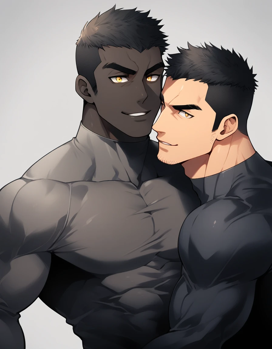 anime characters:Two superheroes in tights, Muscle superhero, negro black skin, They hugged and kissed each other, Bite your neck, Caress, Manliness, male focus, Yellow and black high collar long sleeve tight T-shirt, Slightly transparent material, Very tight, Round, full and perky chest muscles, Muscle waist, Slightly transparent, muscular male, muscular, only, Upper body, alone, Black short hair, Thick eyebrows, stubble, Yellow eyes, Grey background, simple background, amazing quality, best aesthetics, Ridiculous, bright pupils, crew cut, parted lips, seductive smile, torogao, naughty face, drop shadow, best quality