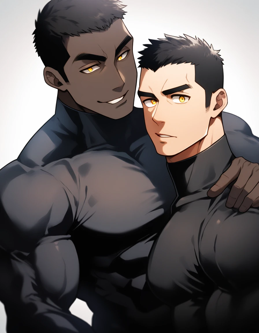 anime characters:Two superheroes in tights, Muscle superhero, negro black skin, They hugged and kissed each other, Bite your neck, Caress, Manliness, male focus, Yellow and black high collar long sleeve tight T-shirt, Slightly transparent material, Very tight, Round, full and perky chest muscles, Muscle waist, Slightly transparent, muscular male, muscular, only, Upper body, alone, Black short hair, Thick eyebrows, stubble, Yellow eyes, Grey background, simple background, amazing quality, best aesthetics, Ridiculous, bright pupils, crew cut, parted lips, seductive smile, torogao, naughty face, drop shadow, best quality