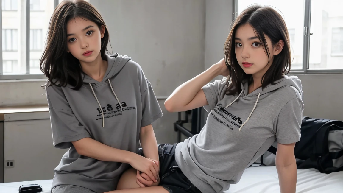 deux femmes ensemble de 18 ans sexy et mince , gray short sleeve hoodie , salle de classe, se touche,position sey,sensuel