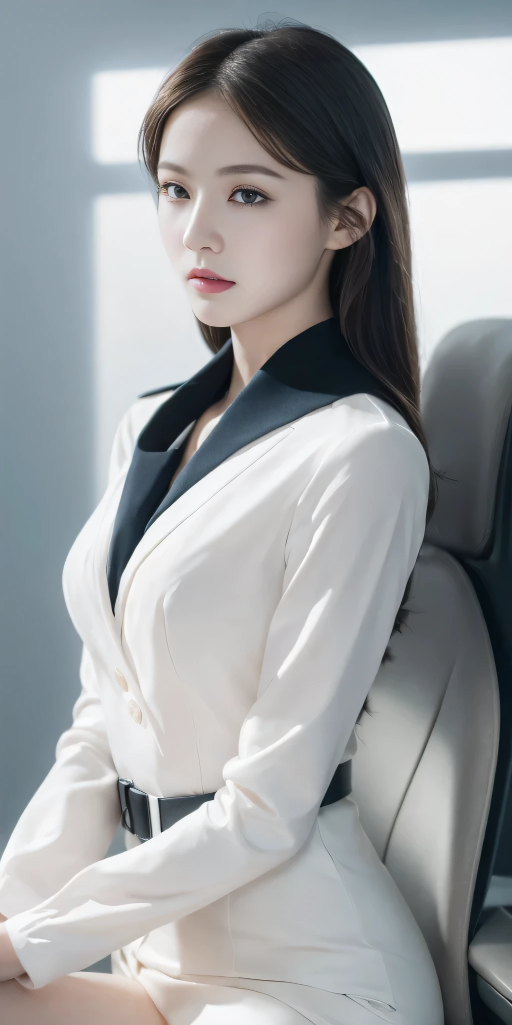 (1girl:1.3), solo, __body parts__ delicate and realistic skin, pale skin, big, official art, unified 16k wallpaper, ultra detail, beauty and aesthetics, beauty, masterpiece, best quality, in cyberpunk city, fantastic atmosphere, calm color palette, peaceful mood, soft shadows, flight attendant uniform, glamour