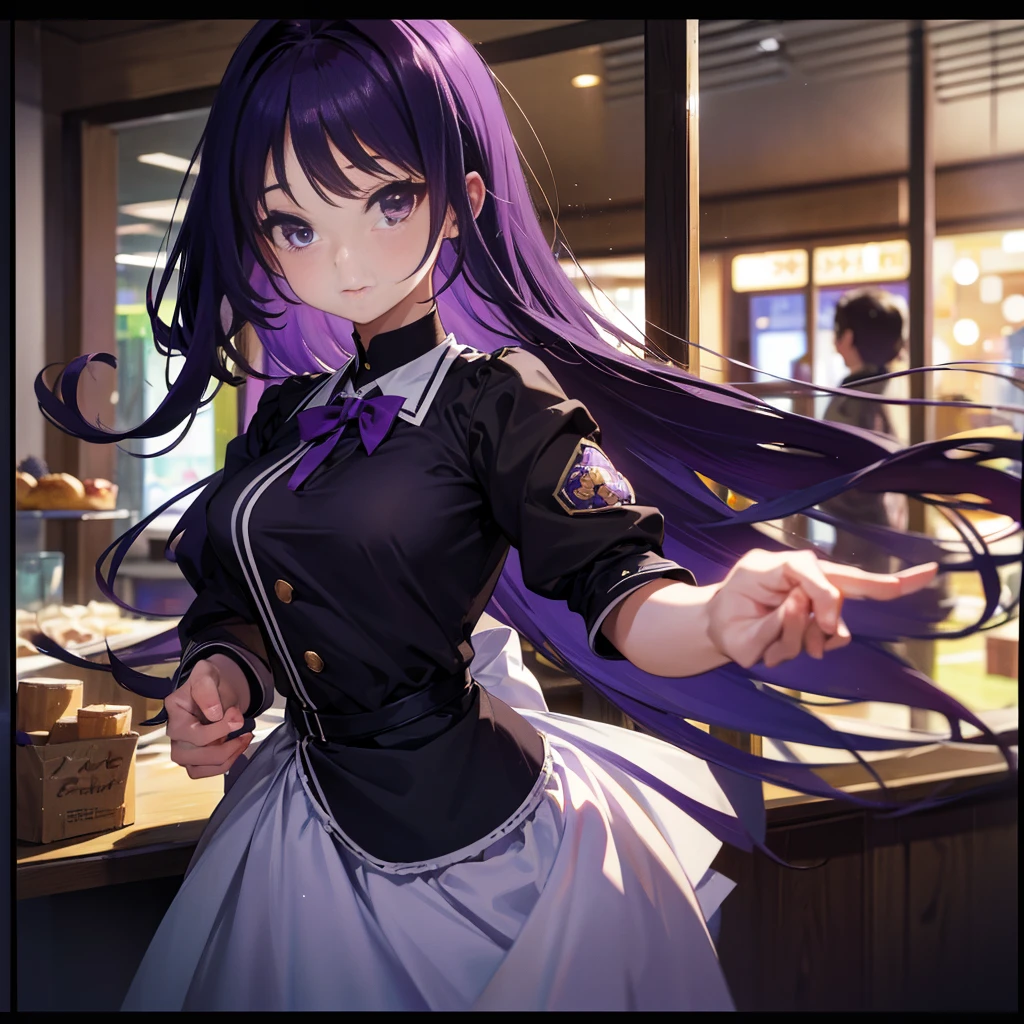 Best picture quality, 8K, high quality, masterpiece:1.2), ((masterpiece)), (great detail, high quality, best picture quality), bokeh, DOF, Portrait, open stance, purple hair long hair, in a black, round face, in a maid uniform, standing in the cafe shop