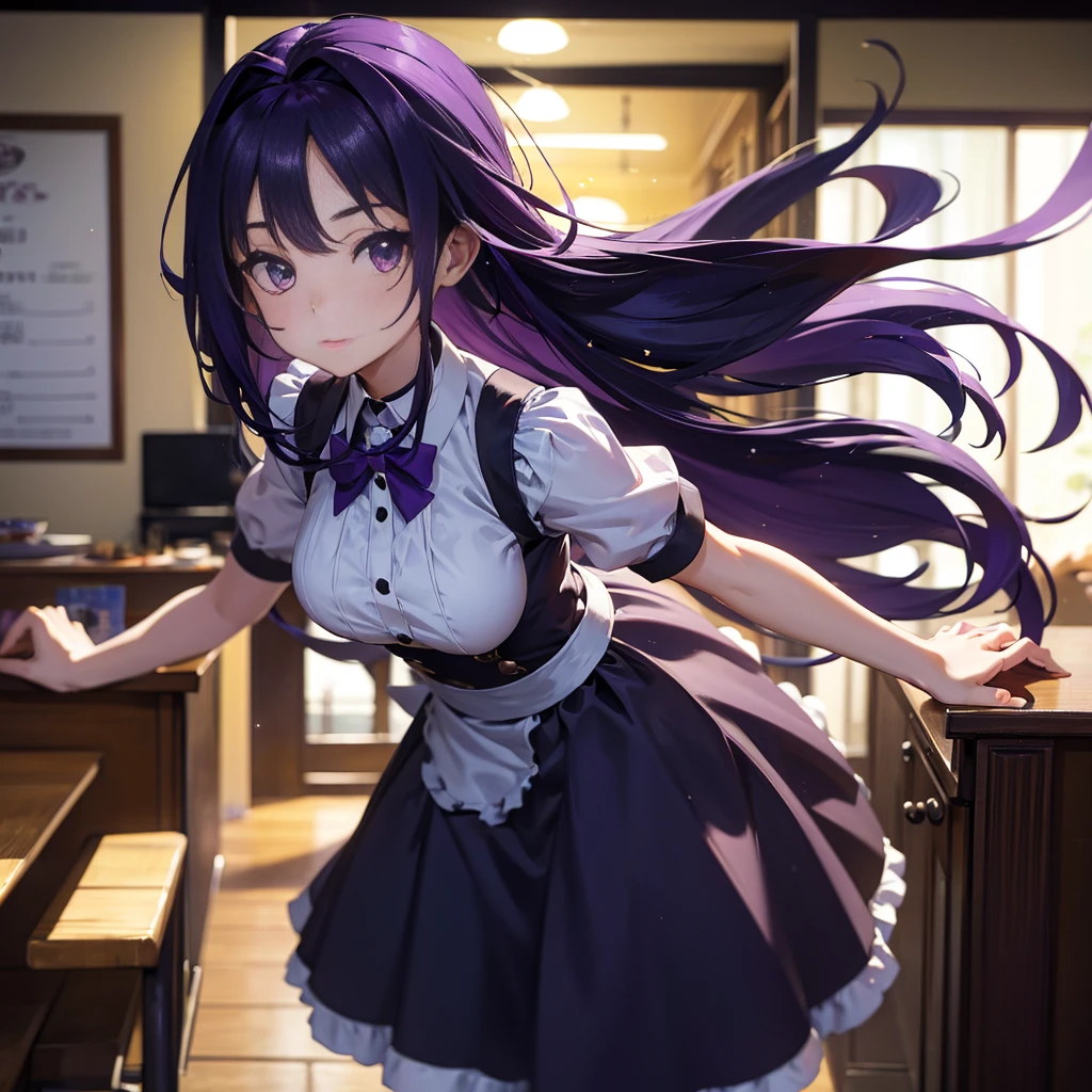 Best picture quality, 8K, high quality, masterpiece:1.2), ((masterpiece)), (great detail, high quality, best picture quality), bokeh, DOF, Portrait, open stance, purple hair long hair, in a black, round face, in a maid uniform, standing in the cafe shop