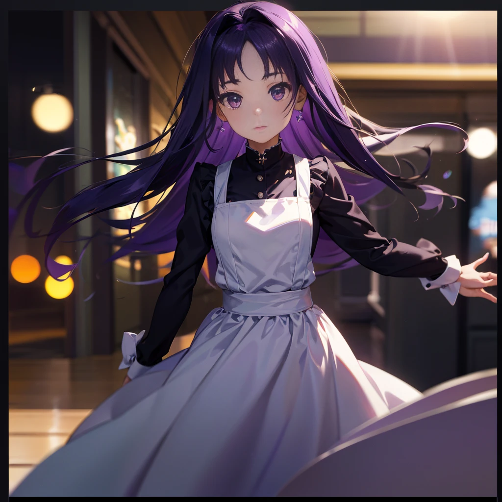 Best picture quality, 8K, high quality, masterpiece:1.2), ((masterpiece)), (great detail, high quality, best picture quality), bokeh, DOF, Portrait, open stance, purple hair long hair, in a black, round face, in a maid uniform, standing in the cafe shop