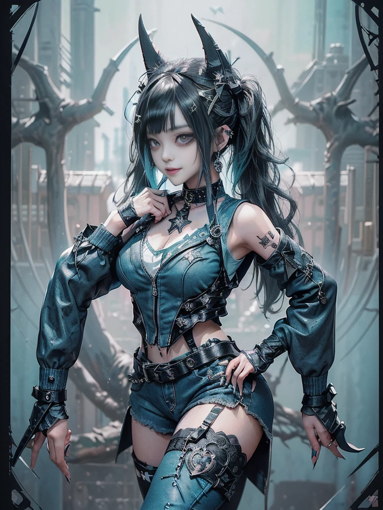 (Full body view:1.4)、(Full Body View:1.4)、(Side view:1.1)、(Smiling with teeth showing:1.3),(Shibuya Gal:1.5)、(Maid café clerk:1.5)、(Punk RockVisual Kei:1.4)、(Turquoise, navy and denim medieval noble zip up:1.5)、(Navy and white arm covers and bugle pants:1.5)、(Blue high heels:1.3)、(Wearing silver accessories:1.5)、(Dark brown collar:1.4)、(Leather garter belt:1.4)、(Brown Skin Belt:1.3)、(Black lace underwear:1.5)、20-year-old、NSFW、((Highest quality、In 8K、masterpiece:1.3))、Sharp focus:1.2、(Layered Cut、Huge boobs:1.1),Beautiful woman with perfect figure:1.4、(Doing an aerobics pose:1.3)、Slender Abs:1.2、Highly detailed face and skin texture、Detailed eyes、double eyelid,(Twin tails:1.3)、(Black Hair:1.3)、Gravure idol、(A fairytale-like cafe with a lush tree background:1.3)、(Slim body:1.3),(Make your legs thinner:1.4),(Thin, thin thighs:1.3)、(clavicle:1.1)