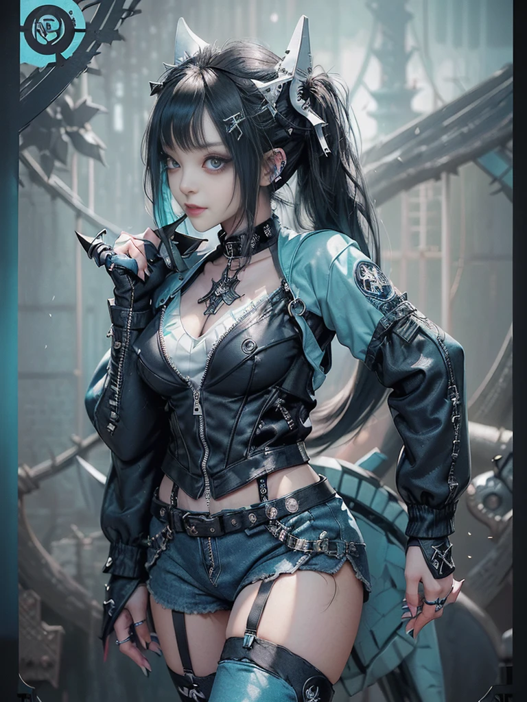 (Full body view:1.4)、(Full Body View:1.4)、(Side view:1.1)、(Smiling with teeth showing:1.3),(Shibuya Gal:1.5)、(Maid café clerk:1.5)、(Punk RockVisual Kei:1.4)、(Turquoise, navy and denim medieval noble zip up:1.5)、(Navy and white arm covers and bugle pants:1.5)、(Blue high heels:1.3)、(Wearing silver accessories:1.5)、(Dark brown collar:1.4)、(Leather garter belt:1.4)、(Brown Skin Belt:1.3)、(Black lace underwear:1.5)、20-year-old、NSFW、((Highest quality、In 8K、masterpiece:1.3))、Sharp focus:1.2、(Layered Cut、Huge boobs:1.1),Beautiful woman with perfect figure:1.4、(Doing an aerobics pose:1.3)、Slender Abs:1.2、Highly detailed face and skin texture、Detailed eyes、double eyelid,(Twin tails:1.3)、(Black Hair:1.3)、Gravure idol、(A fairytale-like cafe with a lush tree background:1.3)、(Slim body:1.3),(Make your legs thinner:1.4),(Thin, thin thighs:1.3)、（clavicle:1.1）
