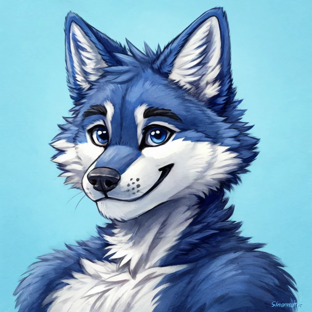 a anthropomorphic blue colored wolf, closed smile, high quality furry art, cute.